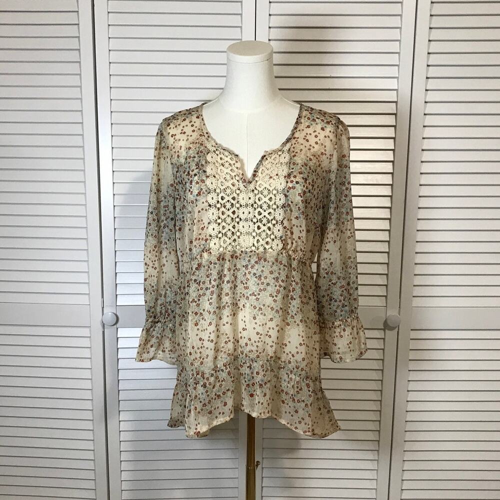Decree Cream Sheer Floral Bohemian Lace Chiffon Blouse XL